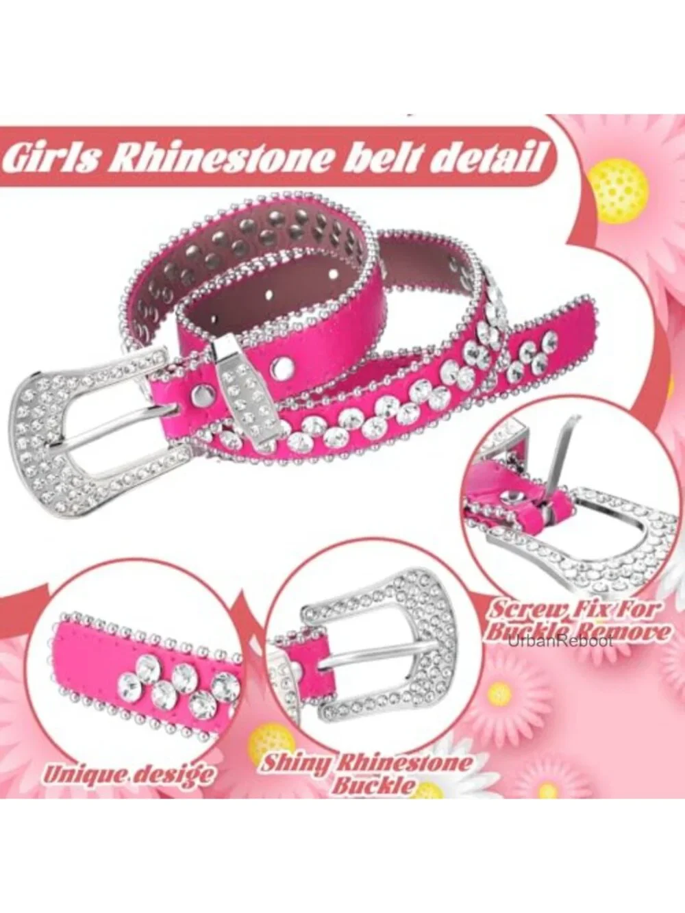 2 Pcs Rhinestone Belt for Kids, Artificial Leather Western Belts for Girls,
